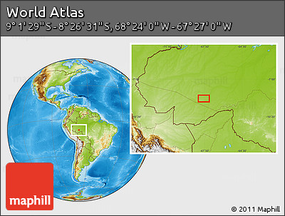 Physical Location Map of the Area around 8° 44' 0" S, 67° 55' 30" W