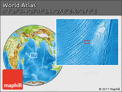 Physical Location Map of the Area around 8° 44' 0" S, 68° 55' 30" E