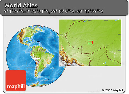 Physical Location Map of the Area around 8° 44' 0" S, 68° 46' 30" W
