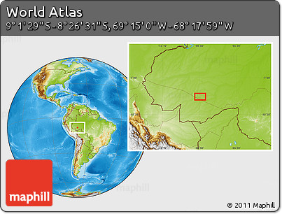Physical Location Map of the Area around 8° 44' 0" S, 68° 46' 30" W