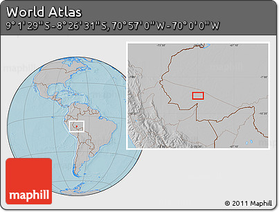 Gray Location Map of the Area around 8° 44' 0" S, 70° 28' 29" W, hill shading