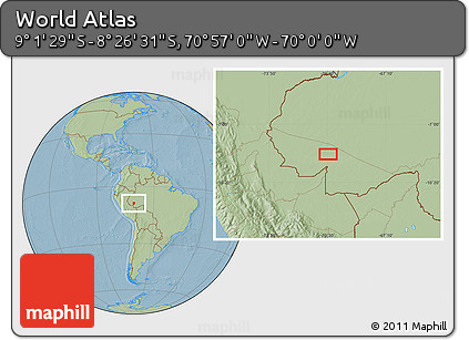 Savanna Style Location Map of the Area around 8° 44' 0" S, 70° 28' 29" W, hill shading
