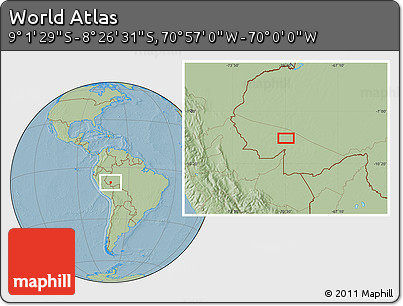 Savanna Style Location Map of the Area around 8° 44' 0" S, 70° 28' 29" W, hill shading