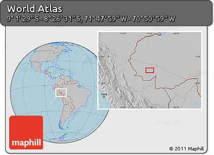 Gray Location Map of the Area around 8° 44' 0" S, 71° 19' 29" W, hill shading
