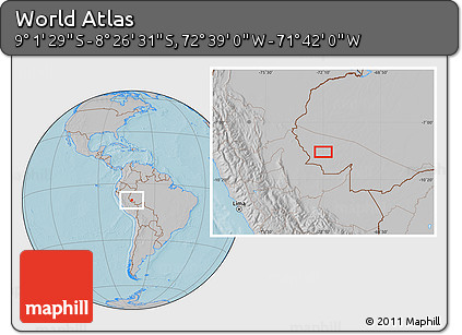 Gray Location Map of the Area around 8° 44' 0" S, 72° 10' 30" W, hill shading