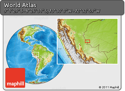 Physical Location Map of the Area around 8° 44' 0" S, 73° 1' 30" W