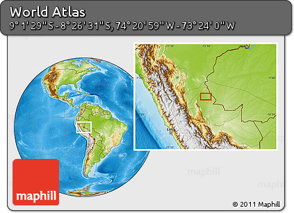 Physical Location Map of the Area around 8° 44' 0" S, 73° 52' 30" W