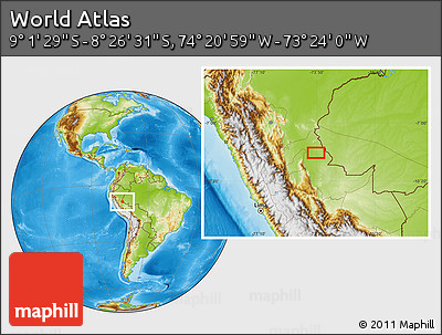 Physical Location Map of the Area around 8° 44' 0" S, 73° 52' 30" W