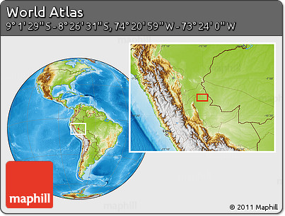 Physical Location Map of the Area around 8° 44' 0" S, 73° 52' 30" W