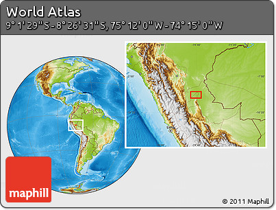 Physical Location Map of the Area around 8° 44' 0" S, 74° 43' 29" W