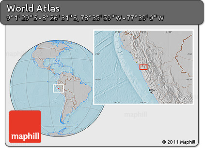 Gray Location Map of the Area around 8° 44' 0" S, 78° 7' 30" W, hill shading