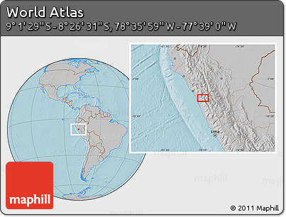 Gray Location Map of the Area around 8° 44' 0" S, 78° 7' 30" W, hill shading