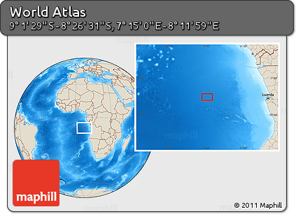 Shaded Relief Location Map of the Area around 8° 44' 0" S, 7° 43' 29" E