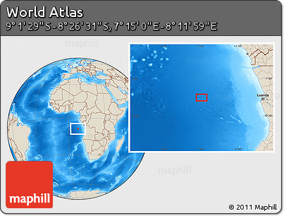 Shaded Relief Location Map of the Area around 8° 44' 0" S, 7° 43' 29" E