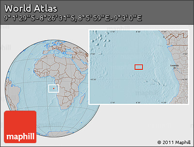 Gray Location Map of the Area around 8° 44' 0" S, 8° 34' 29" E, hill shading