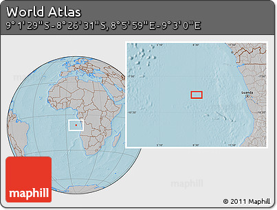 Gray Location Map of the Area around 8° 44' 0" S, 8° 34' 29" E, hill shading