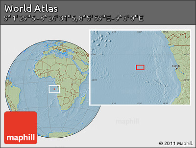 Savanna Style Location Map of the Area around 8° 44' 0" S, 8° 34' 29" E, hill shading