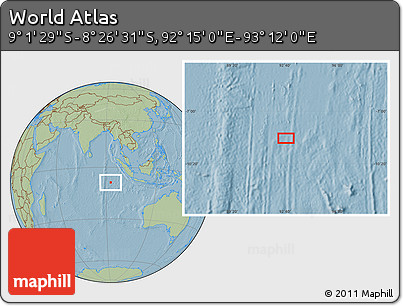 Savanna Style Location Map of the Area around 8° 44' 0" S, 92° 43' 29" E, hill shading