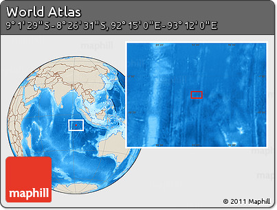 Shaded Relief Location Map of the Area around 8° 44' 0" S, 92° 43' 29" E