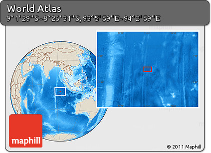 Shaded Relief Location Map of the Area around 8° 44' 0" S, 93° 34' 29" E