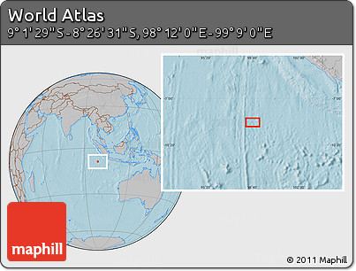 Gray Location Map of the Area around 8° 44' 0" S, 98° 40' 30" E, hill shading