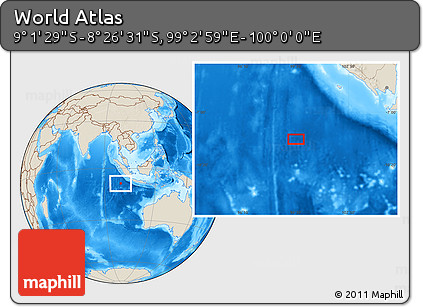 Shaded Relief Location Map of the Area around 8° 44' 0" S, 99° 31' 30" E