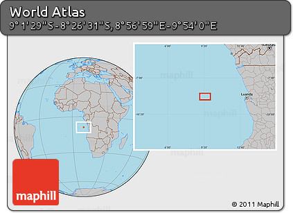 Gray Location Map of the Area around 8° 44' 0" S, 9° 25' 30" E