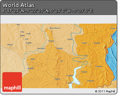 Political 3D Map of the Area around 9° 4' 52" N, 0° 4' 30" E
