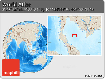 Shaded Relief Location Map of the Area around 9° 4' 52" N, 102° 4' 29" E