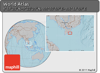 Gray Location Map of the Area around 9° 4' 52" N, 106° 19' 29" E, hill shading