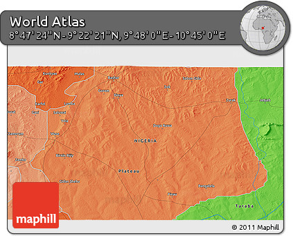 Political 3D Map of the Area around 9° 4' 52" N, 10° 16' 30" E