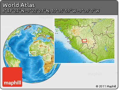 Physical Location Map of the Area around 9° 4' 52" N, 10° 7' 30" W