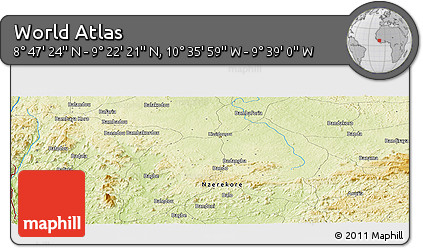 Physical Panoramic Map of the Area around 9° 4' 52" N, 10° 7' 30" W