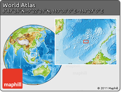 Physical Location Map of the Area around 9° 4' 52" N, 113° 58' 29" E