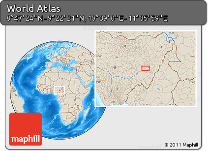Shaded Relief Location Map of the Area around 9° 4' 52" N, 11° 7' 30" E