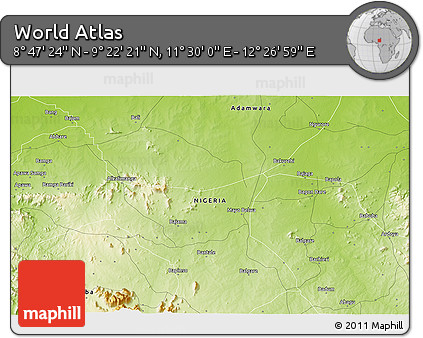 Physical 3D Map of the Area around 9° 4' 52" N, 11° 58' 29" E