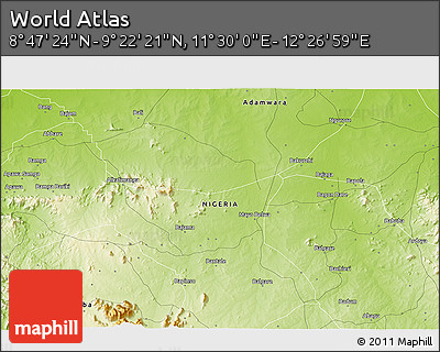 Physical 3D Map of the Area around 9° 4' 52" N, 11° 58' 29" E