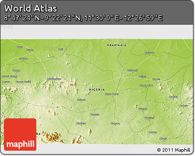Physical 3D Map of the Area around 9° 4' 52" N, 11° 58' 29" E