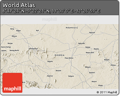Shaded Relief 3D Map of the Area around 9° 4' 52" N, 11° 58' 29" E