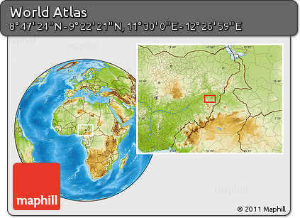Physical Location Map of the Area around 9° 4' 52" N, 11° 58' 29" E