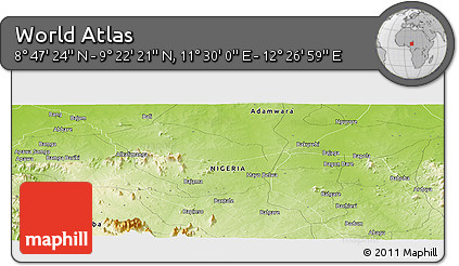 Physical Panoramic Map of the Area around 9° 4' 52" N, 11° 58' 29" E