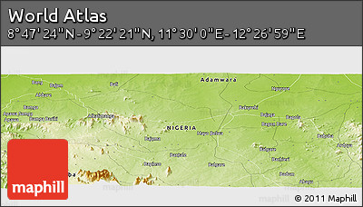 Physical Panoramic Map of the Area around 9° 4' 52" N, 11° 58' 29" E