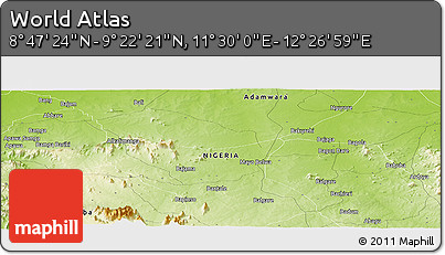 Physical Panoramic Map of the Area around 9° 4' 52" N, 11° 58' 29" E
