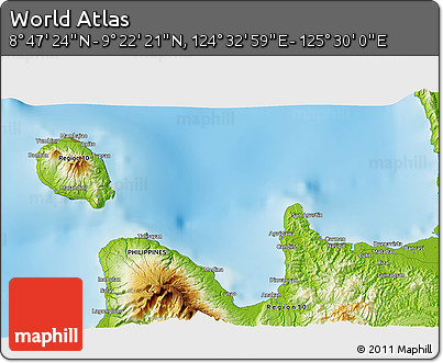 Physical 3D Map of the Area around 9° 4' 52" N, 125° 1' 30" E