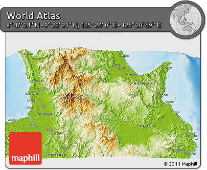 Physical 3D Map of the Area around 9° 4' 52" N, 125° 52' 30" E