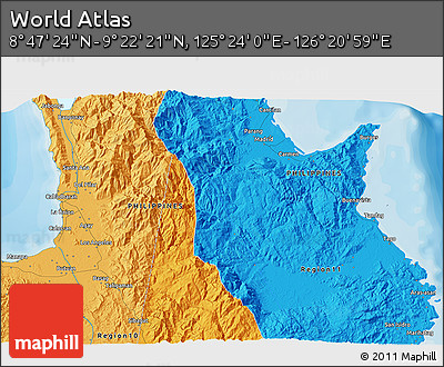 Political 3D Map of the Area around 9° 4' 52" N, 125° 52' 30" E