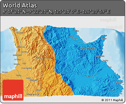 Political 3D Map of the Area around 9° 4' 52" N, 125° 52' 30" E