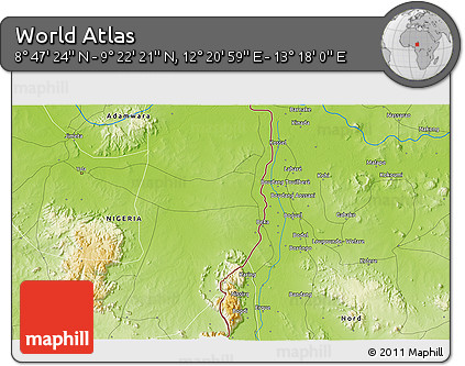 Physical 3D Map of the Area around 9° 4' 52" N, 12° 49' 29" E