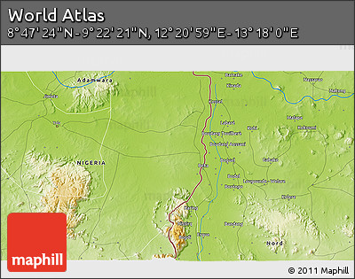 Physical 3D Map of the Area around 9° 4' 52" N, 12° 49' 29" E