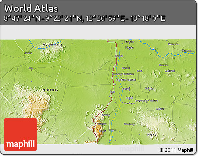 Physical 3D Map of the Area around 9° 4' 52" N, 12° 49' 29" E